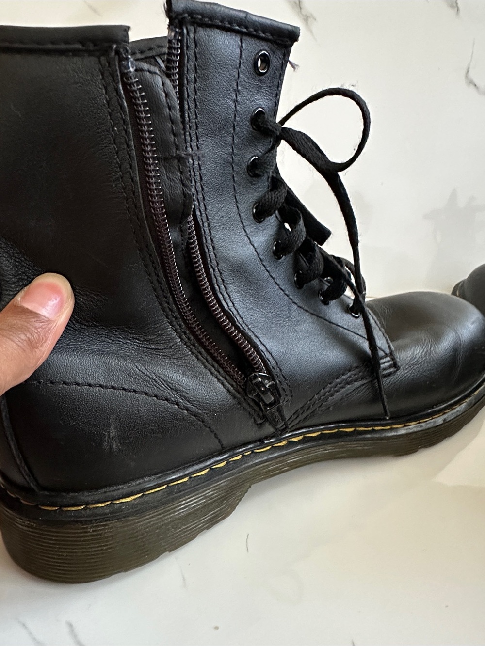 Black Lace-Up Combat Boots with Yellow Stitching - Women's Style: Doc Martins - Picture 4 of 10